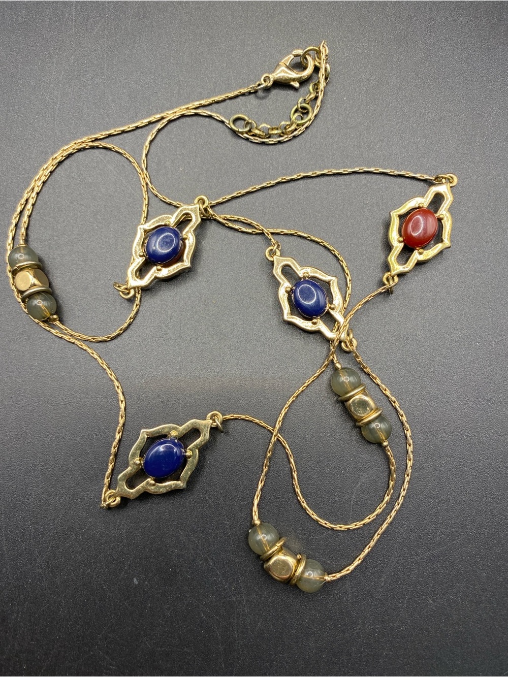 Gold Tone Long Necklace Reversible Stations Glass Beads
